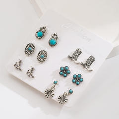 Exaggerated Western Ethnic Style Turquoise Earrings Flower Bull Head Pony Geometric Set Earrings Earrings for Women