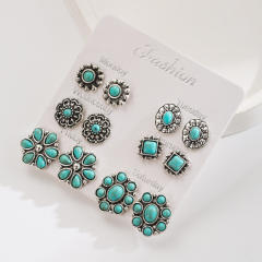 Exaggerated Western Ethnic Style Turquoise Earrings Flower Bull Head Pony Geometric Set Earrings Earrings for Women