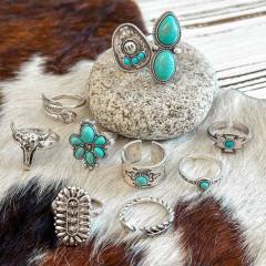 10pcs vintage boho imitation turquoise stone alloy rings set stackable rings