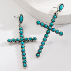 New Retro Cross Hollow Oval Earrings Turquoise Earrings Western Ethnic Style Distinctive Earrings