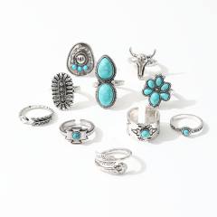 10pcs vintage boho imitation turquoise stone alloy rings set stackable rings