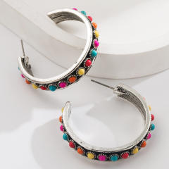 New Western Ethnic Style Large C-Shaped Exaggerated Earrings Alloy Inlaid with White Turquoise Earrings
