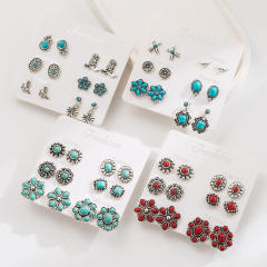Exaggerated Western Ethnic Style Turquoise Earrings Flower Bull Head Pony Geometric Set Earrings Earrings for Women