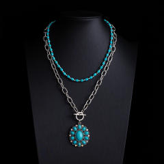 Boho vintage national style faux turquoise bead necklace layer necklace