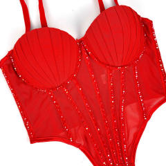 Sexy Mesh Sling Inner Vest with Chest Pad Outer Wear Flash Diamond Fishbone corset tops camisole