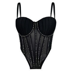 Sexy Mesh Sling Inner Vest with Chest Pad Outer Wear Flash Diamond Fishbone corset tops camisole