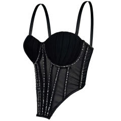 Sexy Mesh Sling Inner Vest with Chest Pad Outer Wear Flash Diamond Fishbone corset tops camisole