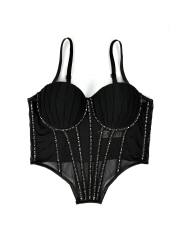 Sexy Mesh Sling Inner Vest with Chest Pad Outer Wear Flash Diamond Fishbone corset tops camisole