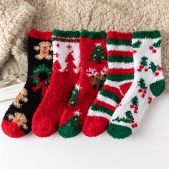 5pair Red Christmas tree socks women thick warm home socks coral fleece floor socks