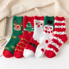 5 pair Christmas red socks for women thickened-warm home socks coral velvet floor socks plush mid-calf