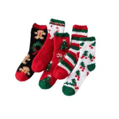 5pair Red Christmas tree socks women thick warm home socks coral fleece floor socks