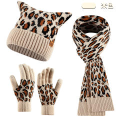 3pcs set cute cat ear design leopard pattern kniited scarf gloove set winter set