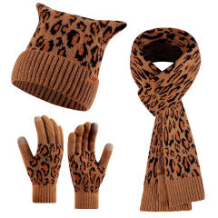 3pcs set cute cat ear design leopard pattern kniited scarf gloove set winter set