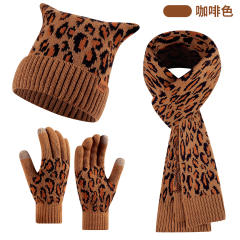 3pcs set cute cat ear design leopard pattern kniited scarf gloove set winter set