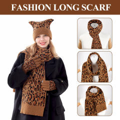3pcs set cute cat ear design leopard pattern kniited scarf gloove set winter set
