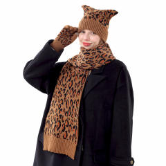 3pcs set cute cat ear design leopard pattern kniited scarf gloove set winter set