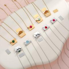 Natural stone agate heart inlaid envelop locket necklace stainless steel necklace