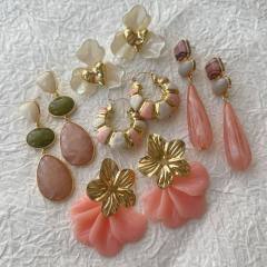 Sweet pink color series enamel flower drop shape earrings collection