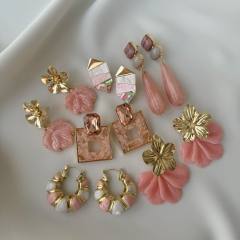 Sweet pink color series enamel flower drop shape earrings collection