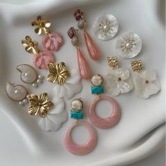 Sweet pink color series enamel flower drop shape earrings collection