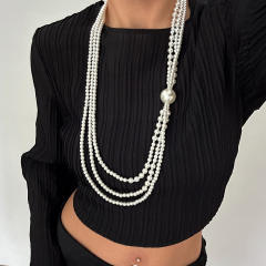 Simple Ins Imitation Pearl Beaded Long Necklace Fashion Small Fragrance CCB Round Bead Stacked Sweater Chain