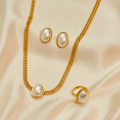 Stainless steel necklace suit women retro temperament Joker oval pearl necklace set