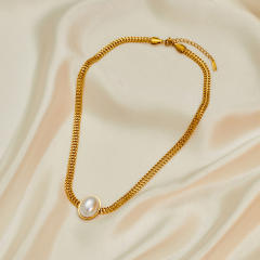 Stainless steel necklace suit women retro temperament Joker oval pearl necklace set