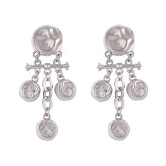 Minimalist Design Alloy Geometric Embossed Hammer Texture Round Spliced Tassel Earrings