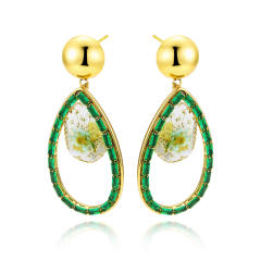 Luxury colorful cubic zircon pave setting pearl bead hollow drop stainless steel earrings