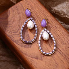 Luxury colorful cubic zircon pave setting pearl bead hollow drop stainless steel earrings