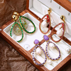 Luxury colorful cubic zircon pave setting pearl bead hollow drop stainless steel earrings