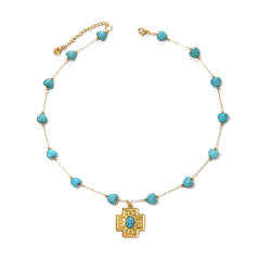 Bohemia Stainless Steel necklace Dragonfly Sun Cross Pendant Turquoise Heart-Shaped Oval Beaded Necklace