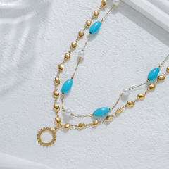 Bohemia Stainless Steel necklace Dragonfly Sun Cross Pendant Turquoise Heart-Shaped Oval Beaded Necklace