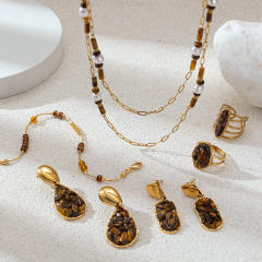Stainless Steel Necklace Natural Tiger Eye Stone Pendant Necklace Earring Set