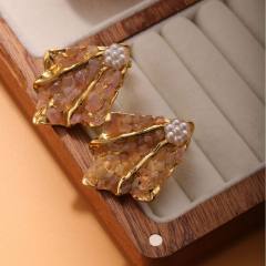 Vintage natural stone pave setting fan shape stainless steel earrings