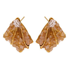 Vintage natural stone pave setting fan shape stainless steel earrings