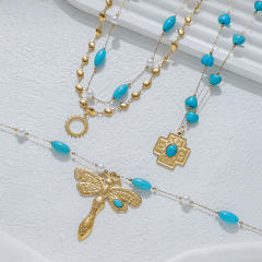 Bohemia Stainless Steel necklace Dragonfly Sun Cross Pendant Turquoise Heart-Shaped Oval Beaded Necklace