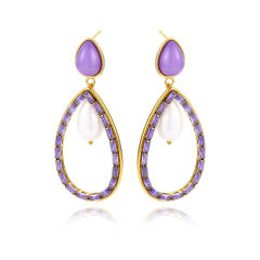 Luxury colorful cubic zircon pave setting pearl bead hollow drop stainless steel earrings