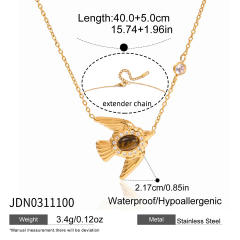 Sweet tiger eye stone inlaid bird series stainless steel necklace earrings set