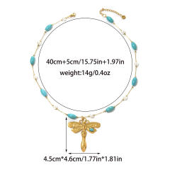 Bohemia Stainless Steel necklace Dragonfly Sun Cross Pendant Turquoise Heart-Shaped Oval Beaded Necklace