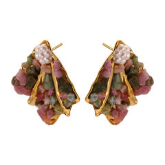 Vintage natural stone pave setting fan shape stainless steel earrings