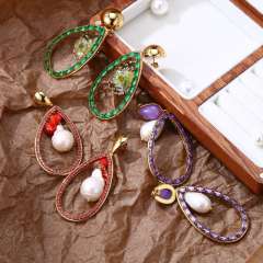 Luxury colorful cubic zircon pave setting pearl bead hollow drop stainless steel earrings