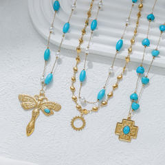 Bohemia Stainless Steel necklace Dragonfly Sun Cross Pendant Turquoise Heart-Shaped Oval Beaded Necklace