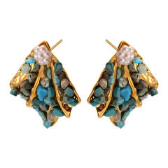 Vintage natural stone pave setting fan shape stainless steel earrings