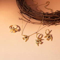 Sweet tiger eye stone inlaid bird series stainless steel necklace earrings set