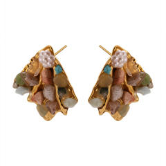 Vintage natural stone pave setting fan shape stainless steel earrings