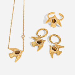 Sweet tiger eye stone inlaid bird series stainless steel necklace earrings set