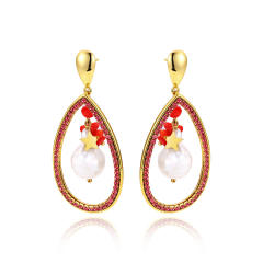 Luxury colorful cubic zircon pave setting pearl bead hollow drop stainless steel earrings