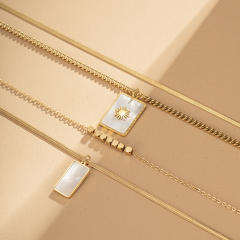 Simple multi layer mother shell block pendant stainless steel necklace