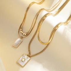 Simple multi layer mother shell block pendant stainless steel necklace